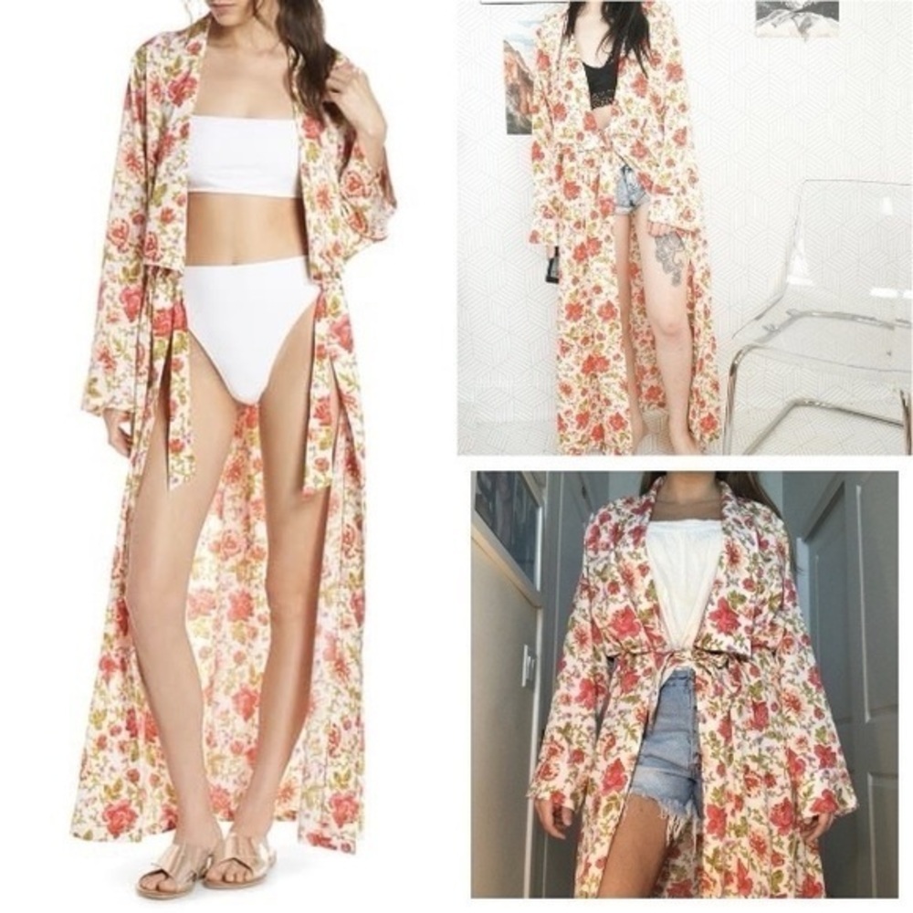 Something Navy Red Poppy Gina Floral Kimono Jacket Beach Cover up